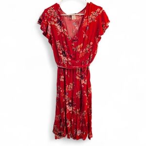 Davina Women's Red Floral Midi Dress Slimming Waist
